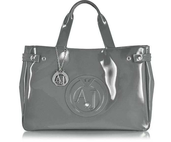 Armani Jeans Large Gray Faux Patent Leather Tote Bag at FORZIE