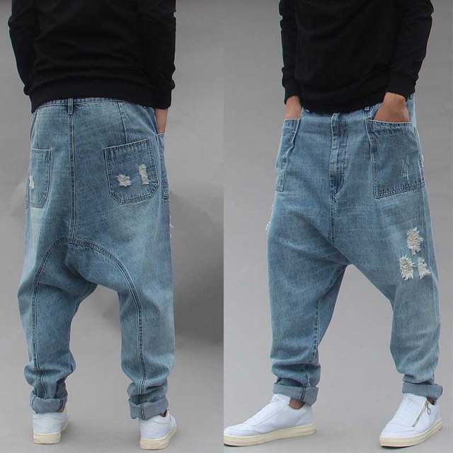 Distressed Streetwear Ripped Harem Jeans Men Casual Loose Baggy .