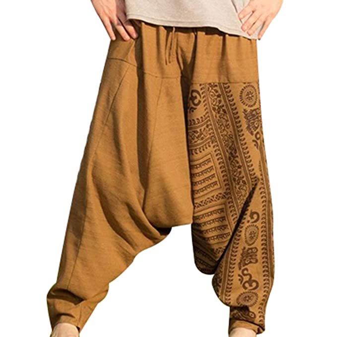 Fangcheng Mens Harem Hippie Pants - Wide Leg Cotton Baggy Trousers .