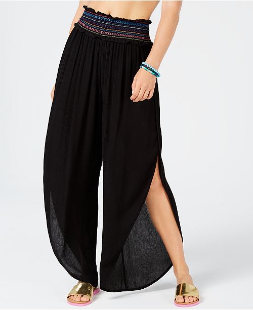 Bar III Side Slit Smocked Cover-Up Beach Pants, Created for Macy's .