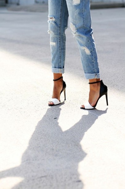 shoes, ripped jeans, high heels, heels, black, white, jeans, black .
