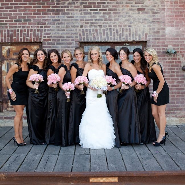 Black Bridesmaid Dresses and pink flowers..similar look. Black is .