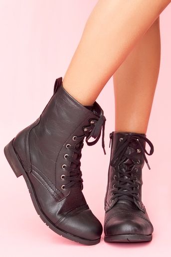 black flat combat boots. Go with chiffon dress but not so girly .