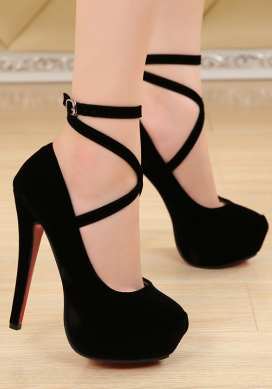 Black Round Toe Stiletto Buckle Fashion High-Heeled Shoes - Pumps .