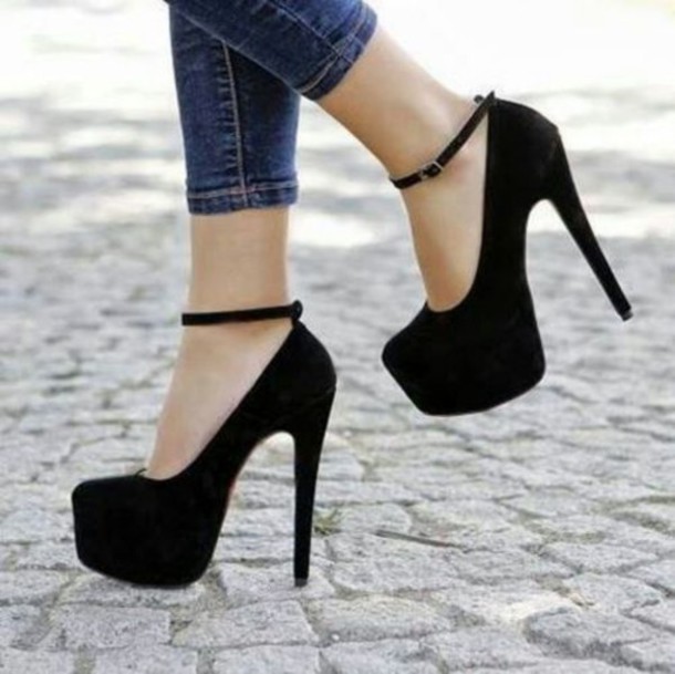 shoes, black high heels, black, cute, ankle strap heels, high .