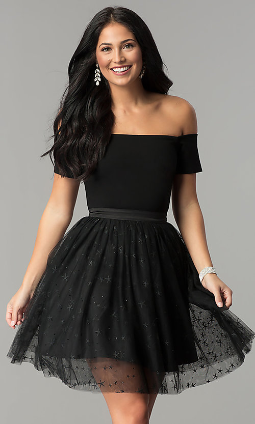 Black Glitter-Print Tulle Short Party Dress - PromGi
