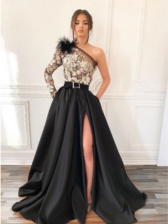 Buy Elegant A-Line One-Shoulder Long Black Prom Dress with .