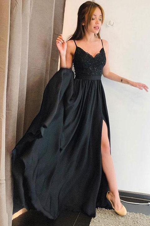 Buy Simple Spaghetti Straps V Neck Lace Black Prom Dresses Side .