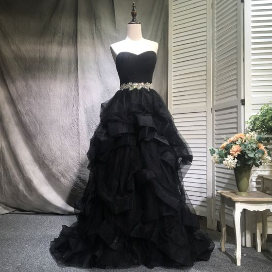 Elegant Black Prom Dresses 2018 A-Line / Princess Beading Crystal .