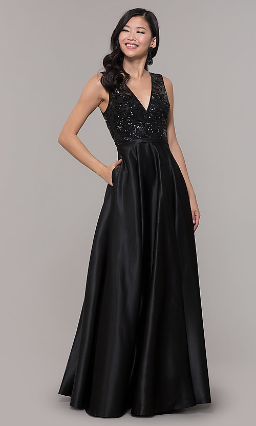 Long Black Sequin-Bodice Prom Dress - PromGi