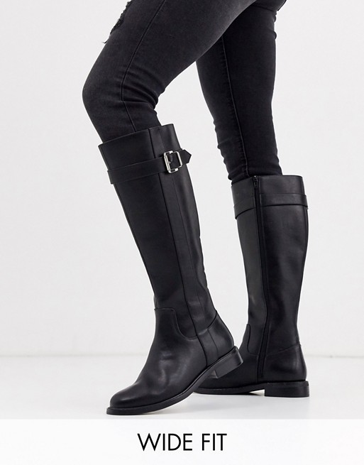 ASOS DESIGN Wide Fit Constance flat riding boots in black | AS