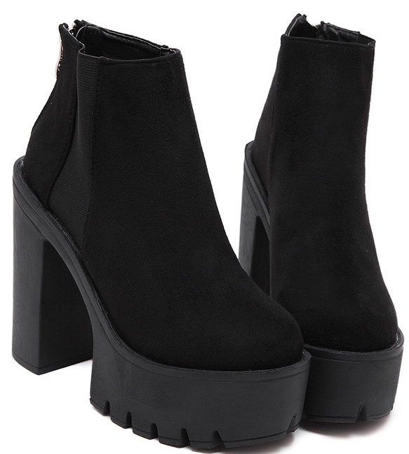 Black Suede Chunky Sole Heels Platforms Ankle Boots Sho