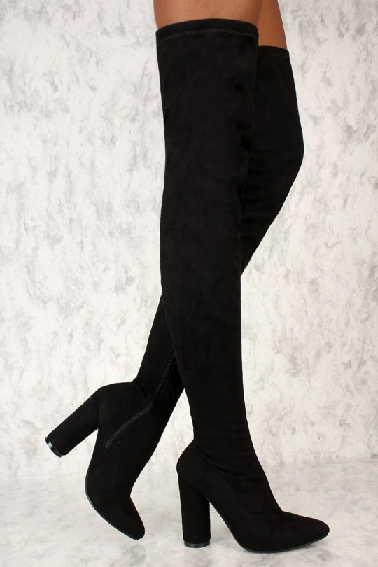 Sexy Black Thigh High Circle Chunky Heel Boots Crushed Faux Sue
