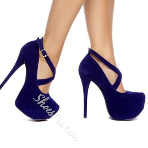 Sexy Blue Suede Thick Platform Ankle Strap High Heel Shoes .