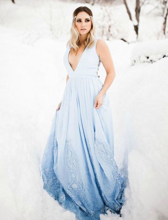 Picture Of a sleeveless plunging neckline ombre blue wedding dress .