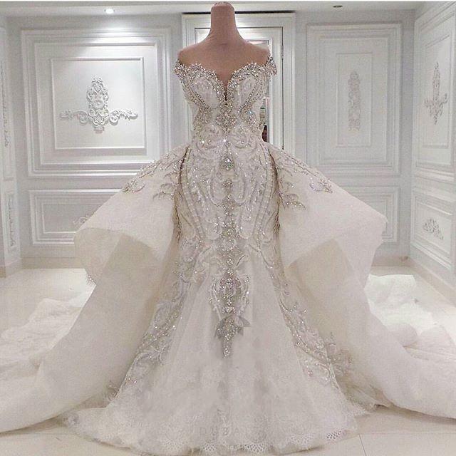 Luxury Beaded Mermaid Wedding Dress With Detachable Overskirt .