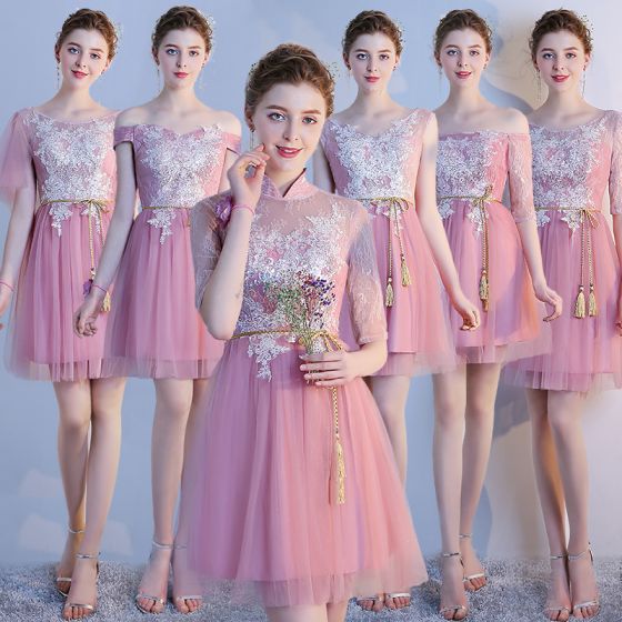 Chic / Beautiful Blushing Pink Bridesmaid Dresses 2018 A-Line .