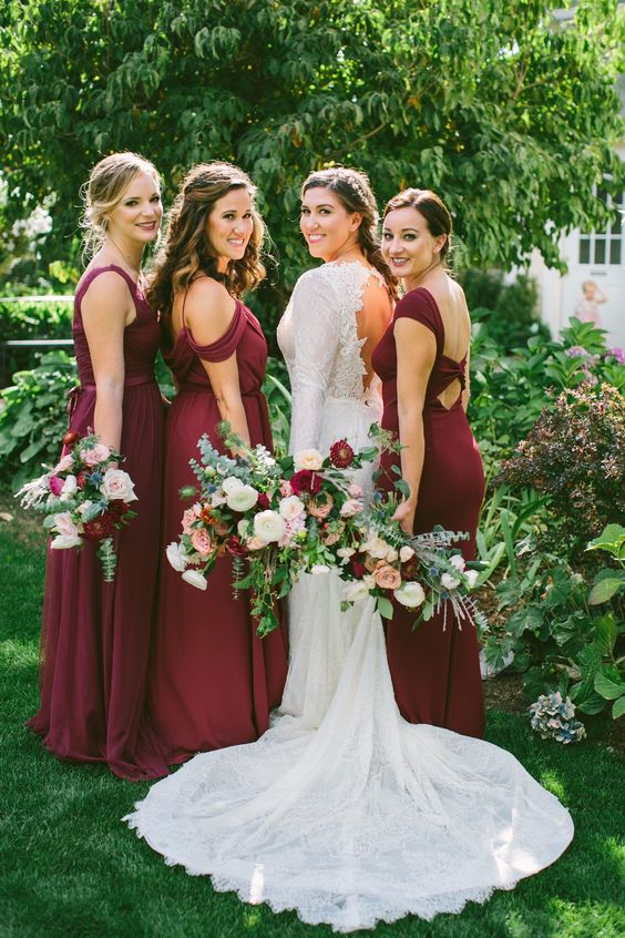 Picture Of mismatching burgundy bridesmaids' dresses are a .
