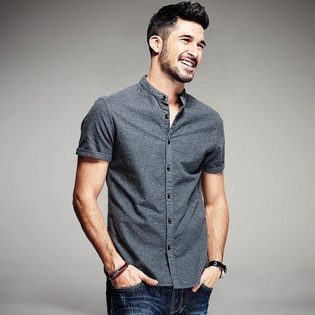 Summer Mens Casual Shirts 100% Cotton Gray Color Brand Clothing .