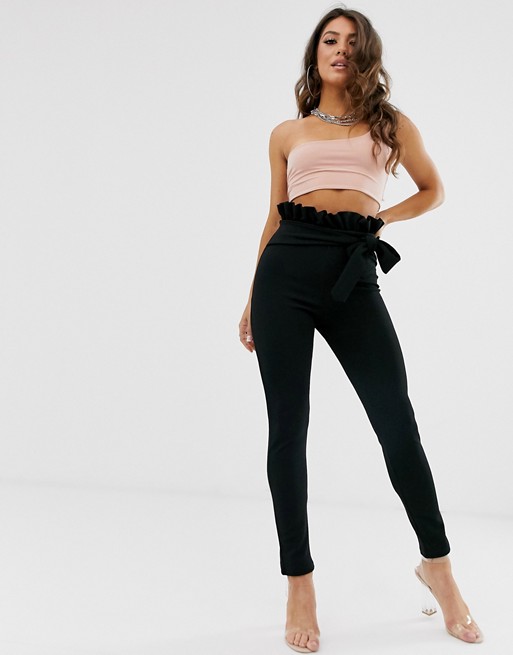 PrettyLittleThing cigarette trousers with paperbag waist in black .