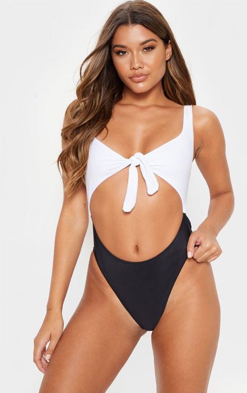 Black And White Tie Front Cut Out Swimsuit from PrettyLittleThing on .