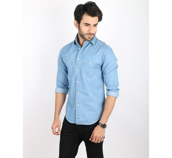 March Medium Wash Denim Shirt with Dual Front Pockets for Men - MD .