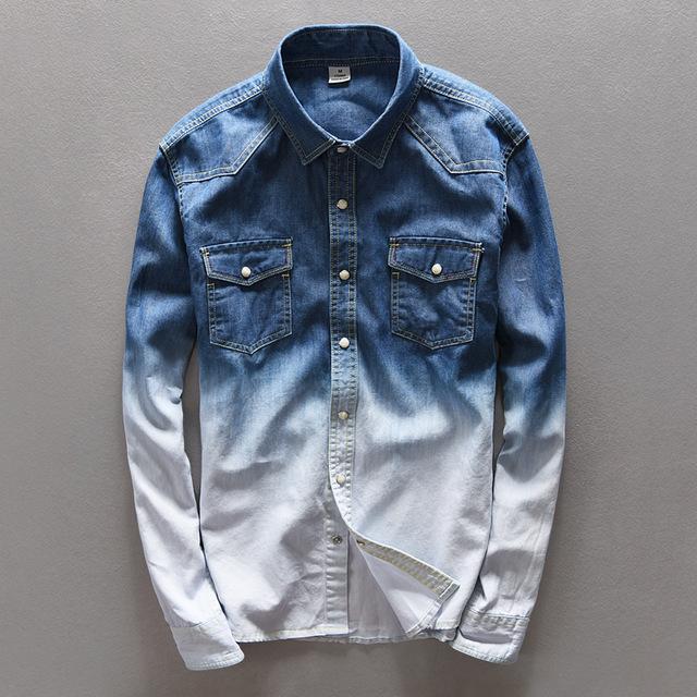 Slim Fit Denim Shirts Gradient color Casual clothing long Sleeve .