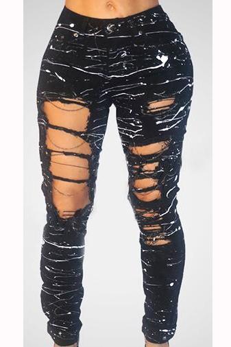 Paint Splattered Print Ripped Distressed Chain Jeans | Black or .