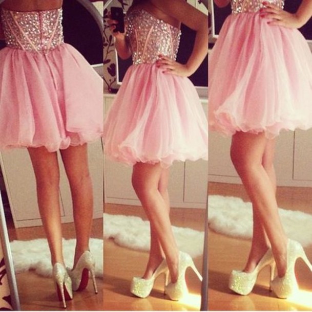 dress, shoes, pink dress, pink, prom dress, glitter, short prom .