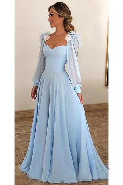 Light Blue A Line Long Chiffon Prom Dresses with Sleeves Modest .