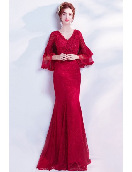 Slim Sweetheart Red Formal Lace Evening Dress With Flare .