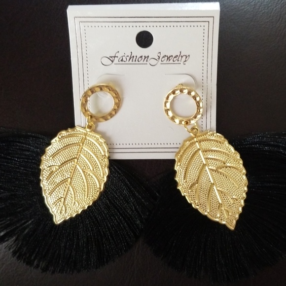 Fashion Jewelry Jewelry | Black Fringe Tassel Gold Leaf Earrings .