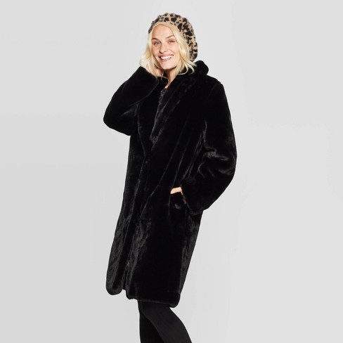 Women's Lapel Collar Faux Fur Coat - A New Day™ Black : Targ