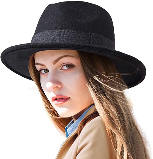 LADYBRO Black Hat Women Wool Fedoras - Men Hat for Winter Wide .