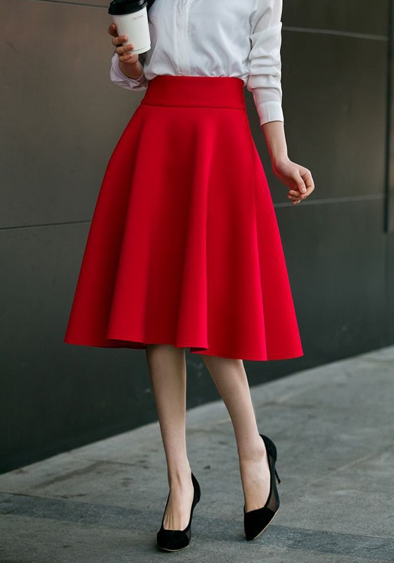 Red Zipper Draped High Waisted A-Line Vintage Flared Skirt .