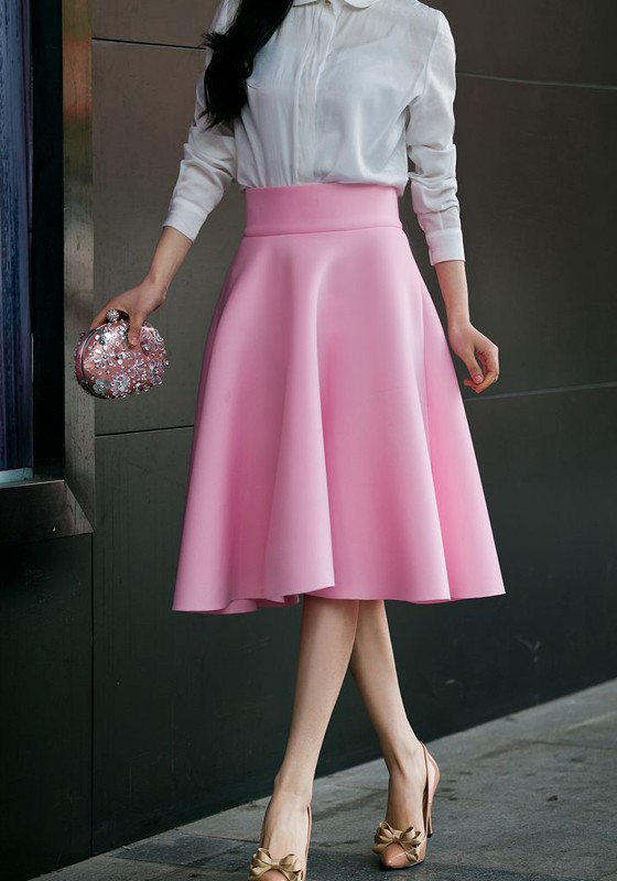 Pink Zipper Draped High Waisted A-Line Vintage Flared Skirt .