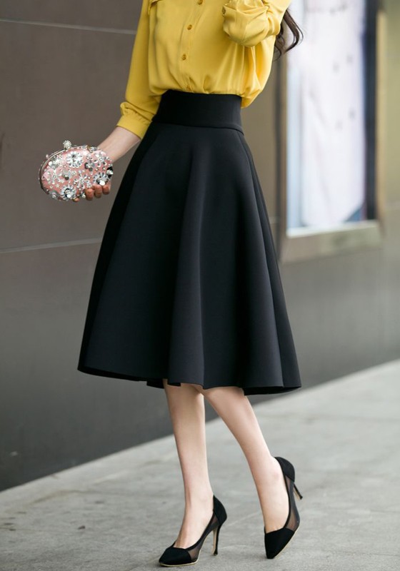 Black Zipper Draped High Waisted A-Line Vintage Flared Skirt .