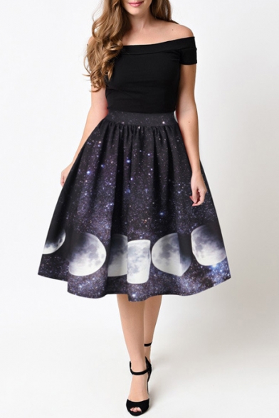 Hot Fashion Galaxy Moon Pattern Elastic Waist Midi Flared Skirt .