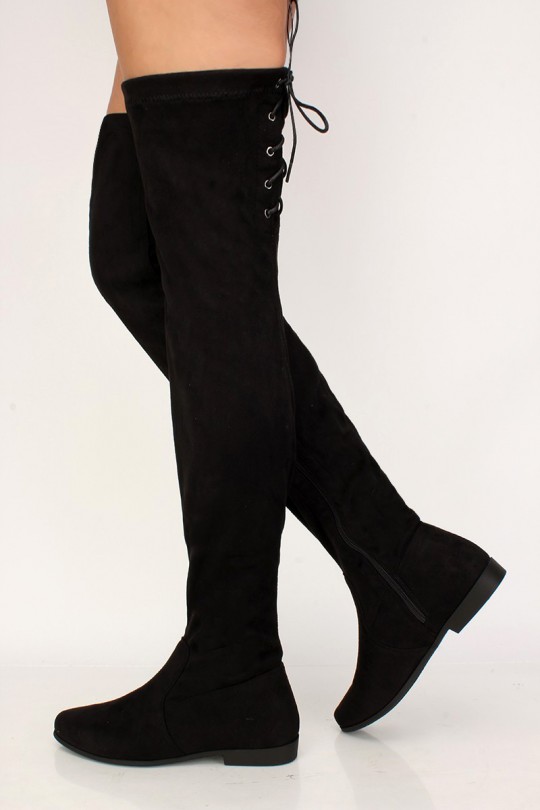 Sexy Black Chunky Heel Thigh High Flat Boots Faux Sue
