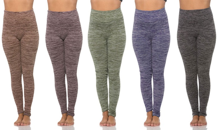 Tummy-Control Space-Dye Ribbed Fleece-Lined Leggings (5-Pack .