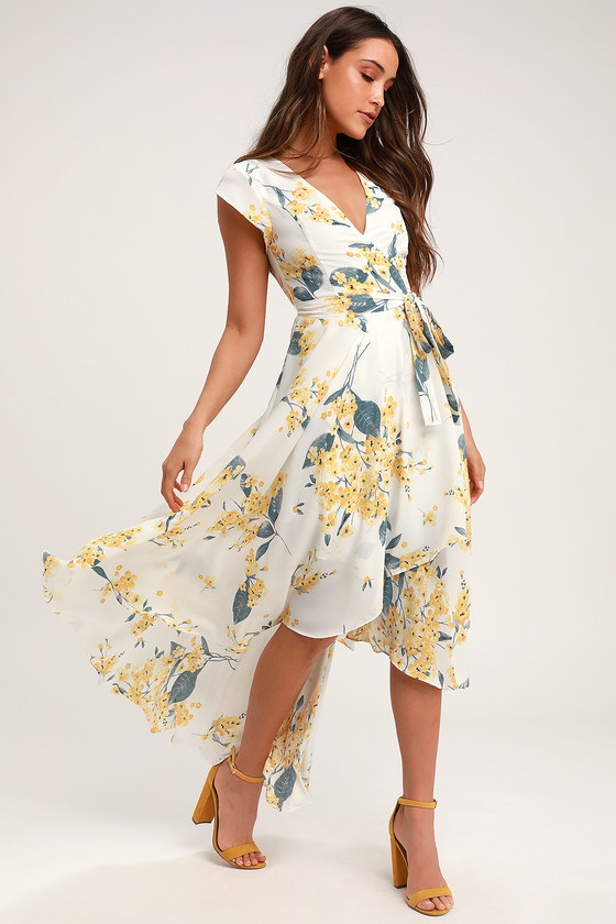 White and Yellow Floral Print Dress - High-Low Dress - Wrap Dre