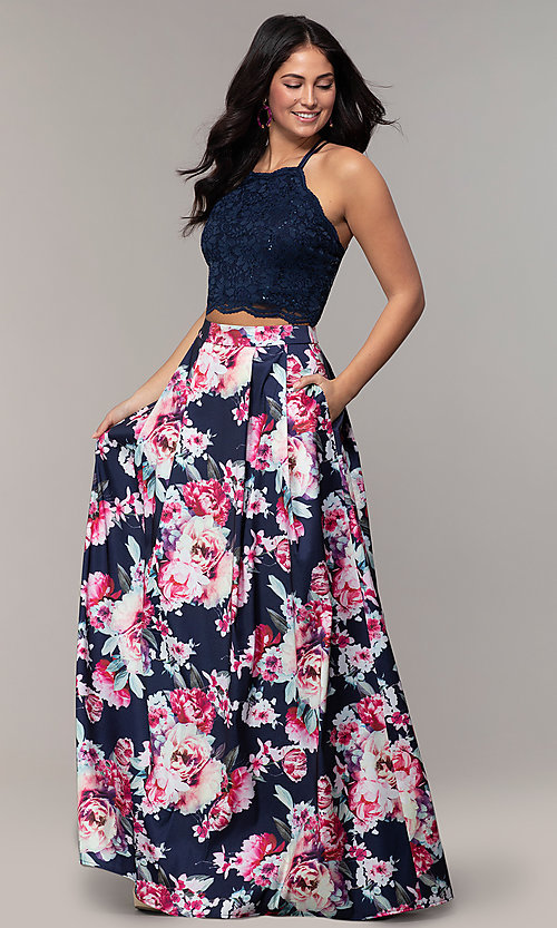 Long Floral-Print Two-Piece Prom Dress - PromGi