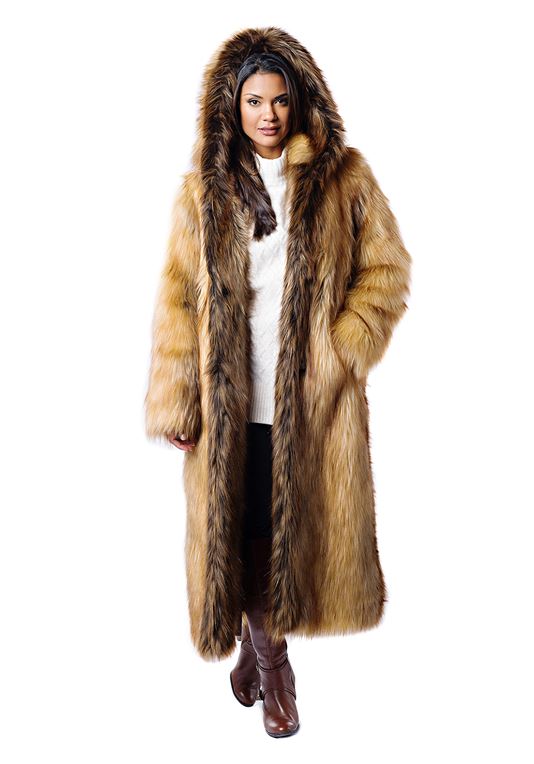 Full-Length Red Fox Faux Fur Hooded Coat | Faux Fur Coa