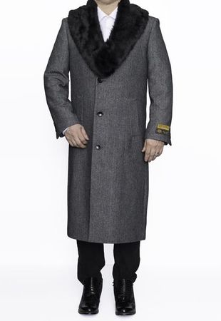 Fur Collar Coat Men's Grey Herringbone Wool Full Length Alberto .