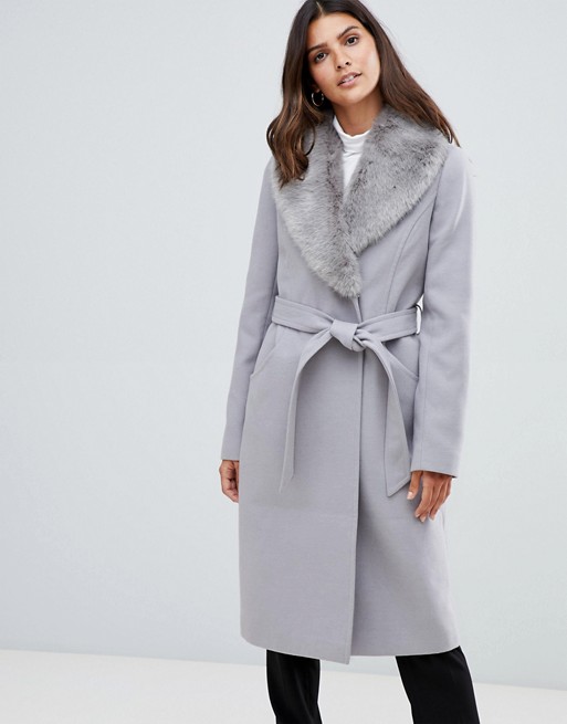 ASOS DESIGN detachable faux fur collar coat with tie belt | AS