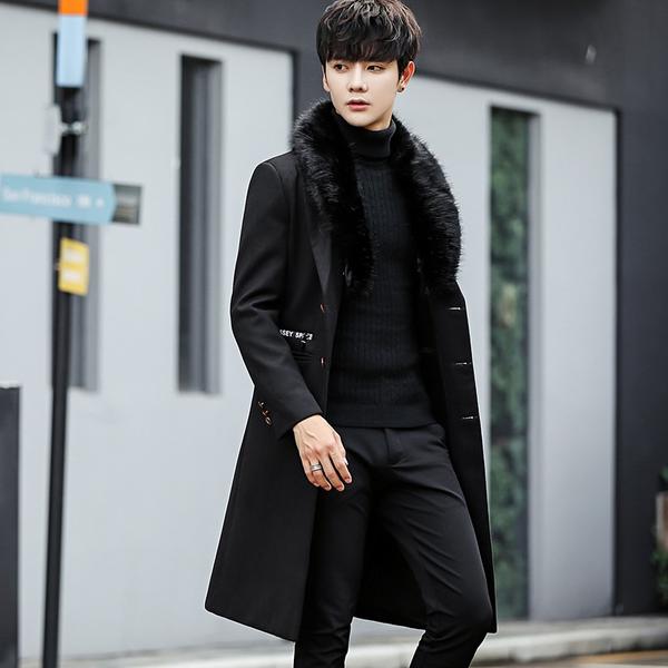 Woolen Fur Collar Men Slim Long Coat Warm Outwear– FanFrea
