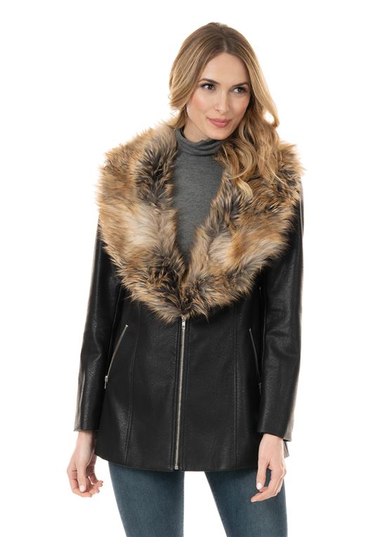Women's Black Faux Leather Zip Coat with Faux Fur Coll