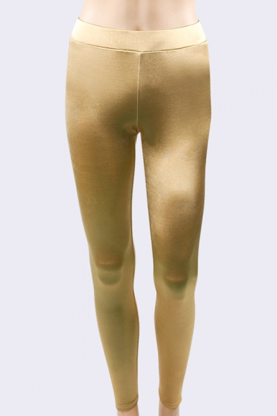 Pop Fashion Elastic Waist Slim-Fit Plain Gold Leggings .