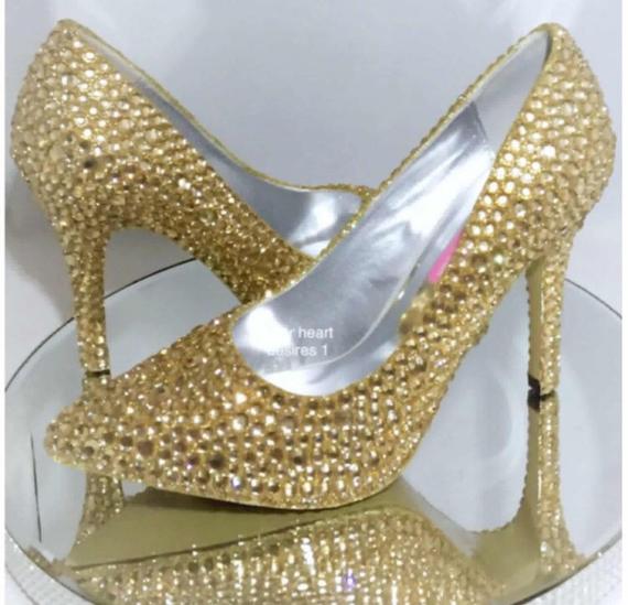 Gold shoes crystal heels wedding bridal prom pumps | Et