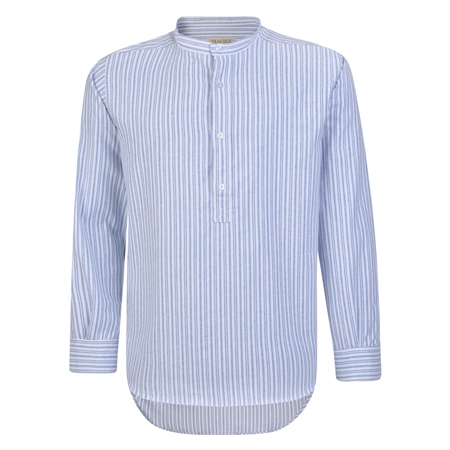 Blue & White Striped Irish Cotton Grandfather Shirt Seasonal .